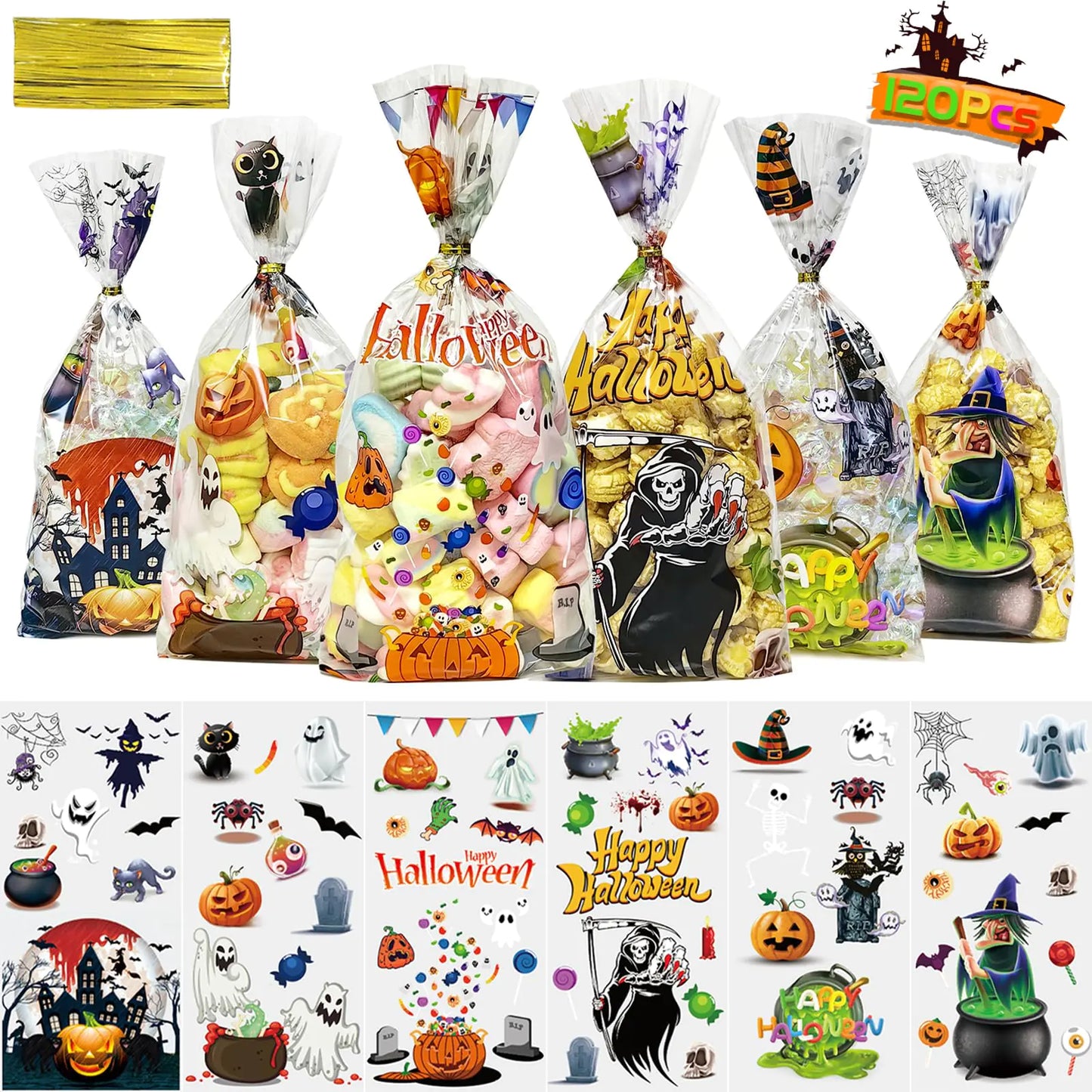 QOIUSO 120Pcs Halloween Treat Bags 5 x11 Inch Halloween Cellophane Treat BagsHalloween Candy Cookies Goodie Gift Bags with Ties for Halloween Trick or Treat Party Favors Supplies