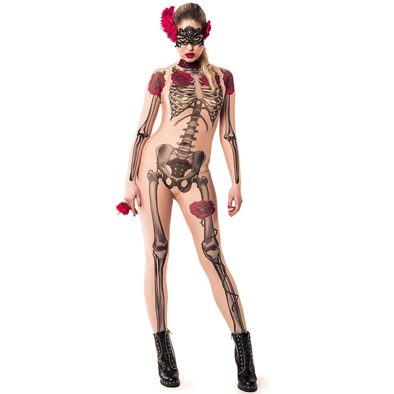 Halloween Skeleton Rose Bodysuit Cosplay Costume