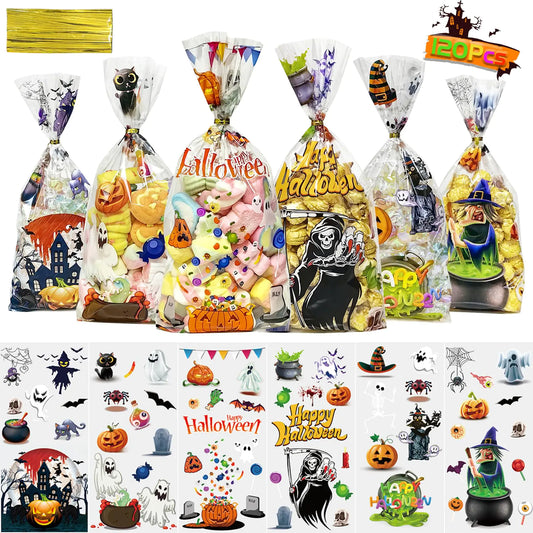 QOIUSO 120Pcs Halloween Treat Bags 5 x11 Inch Halloween Cellophane Treat BagsHalloween Candy Cookies Goodie Gift Bags with Ties for Halloween Trick or Treat Party Favors Supplies